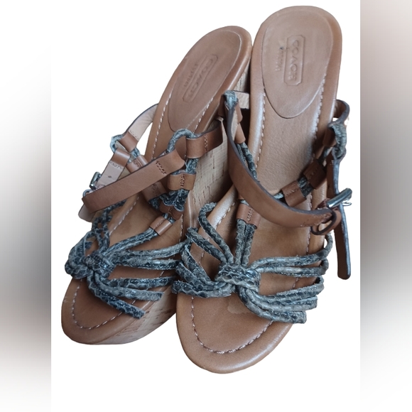 Coach Womens Strappy Brown Leather High Wedge Heels Platform Ankle Strap Size 7 - Picture 9 of 12